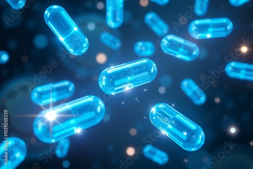 Futuristic Blue Capsules Floating in Digital Space .generative AI 