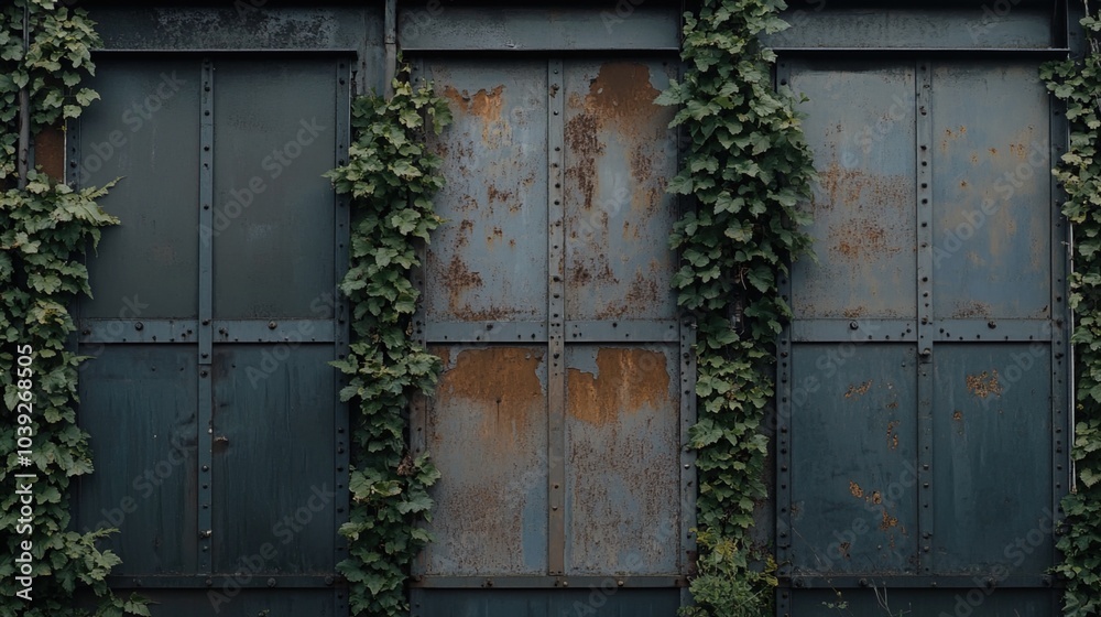 Naklejka premium Closed factory gates with rusting metal and faded paint, symbolizing the decline of industry and the passage of time, reflecting a poignant reminder of economic shifts and the human impact of change