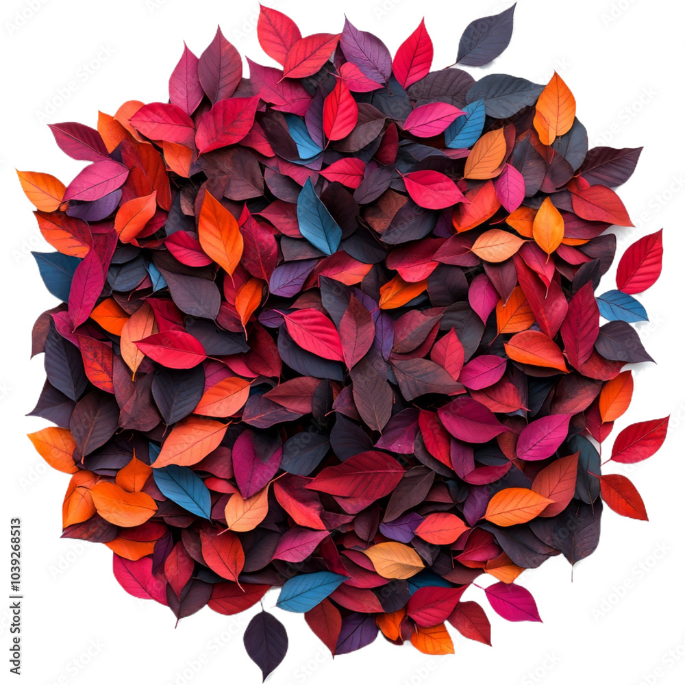 A vibrant collection of autumn leaves in shades of red, orange, purple, and blue.