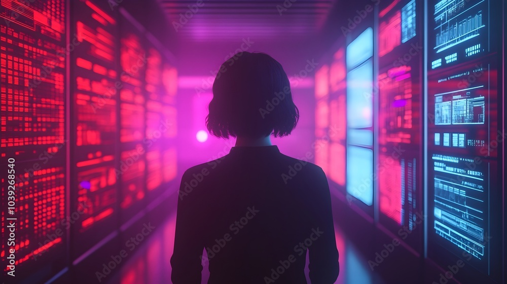 A person interacting with digital holographic controls surrounded by floating 3D data graphs in a high tech neon lit sci fi environment The scene depicts a modern A person interacting with digital holographic controls surrounded by floating 3D data graphs in a high tech neon lit sci fi environment The scene depicts a modern