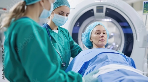 Medical professionals including a doctor and nurse working together to prepare a patient for a fluoroscopy procedure