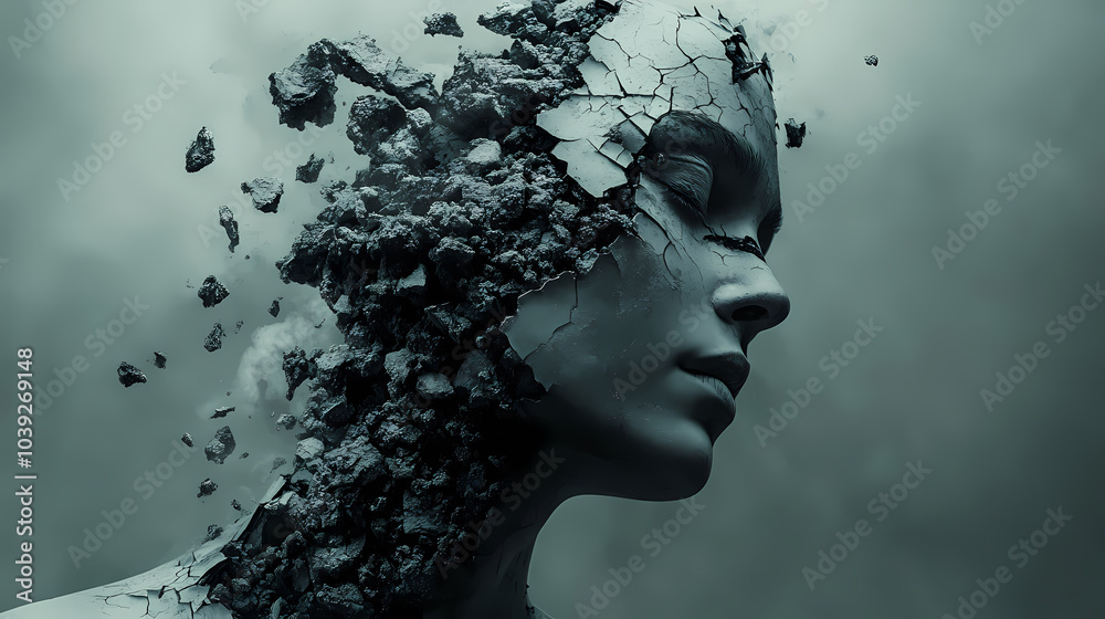 A surreal image of a woman's face breaking apart, with pieces of her face flying off, a dark, abstract portrait of disintegration. A surreal image of a woman's face breaking apart, with pieces of her face flying off, a dark, abstract portrait of disintegration.