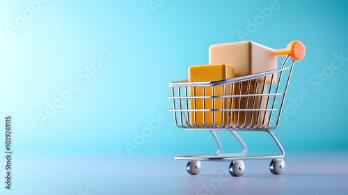 Neumorphic style shopping cart icon with a modern minimalist design featuring a 3D pin button element set against a vibrant purple gradient background