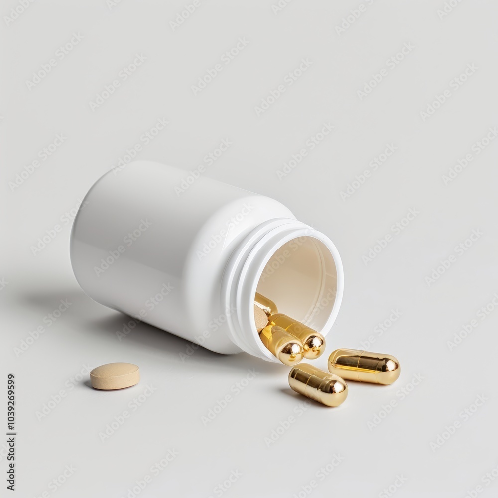 Golden capsules spilled from a white bottle Golden capsules spilled from a white bottle