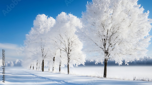 Winter wonderland with snow-covered trees white land . created with Generative AI technology. 