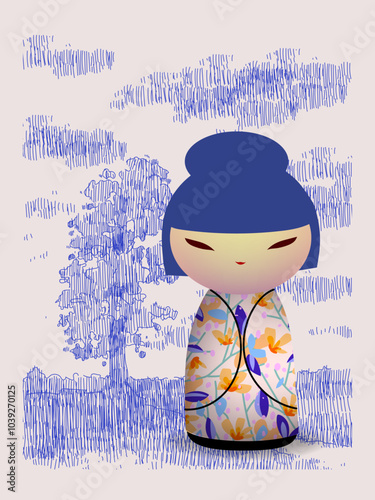 Japanese kokeshi dolls character icon vector illustration. Kawai asian girls wearing kimono. Cute cartoon asian women.