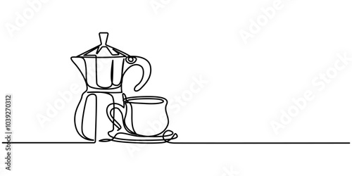 Coffee accessories continuous one line drawing. Italian coffee geyser pot, Cezve and Coffee Continuous Line Icon