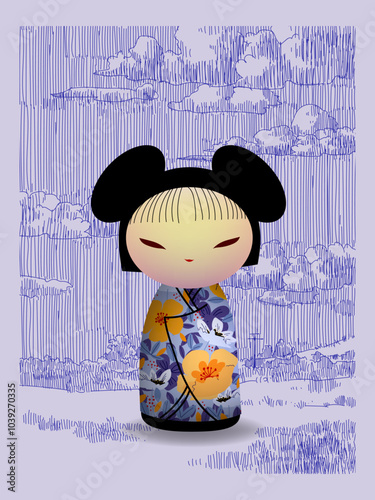 Japanese kokeshi dolls character icon vector illustration. Kawai asian girls wearing kimono. Cute cartoon asian women.