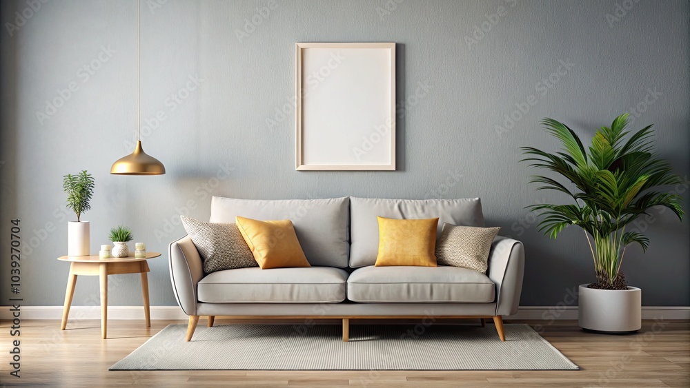 Obraz premium Minimalist Grey Room with Light Sofa and Pillows, High Depth of Field, Blank Poster Mockup, Cozy Aesthetic, Modern Interior Design, Stylish Living Space, Neutral Tones, Home Decor Ideas