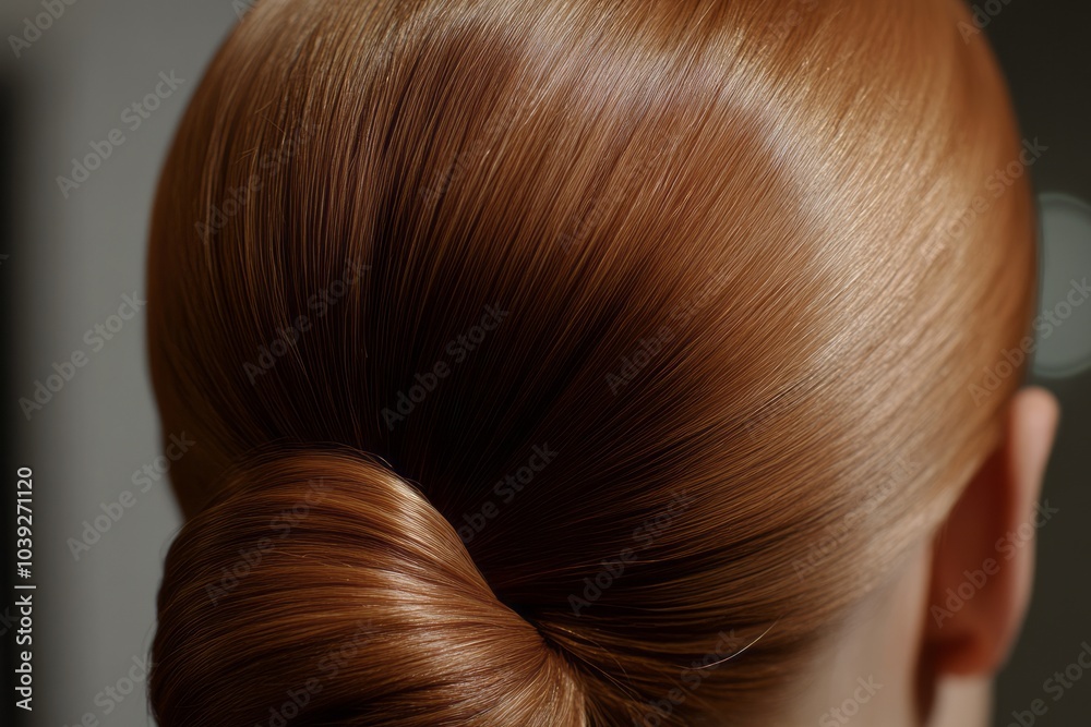 light brown hair, a women's hair bun viewed from the back, slicked back with hard gel, elegant, graceful, formal light brown hair, a women's hair bun viewed from the back, slicked back with hard gel, elegant, graceful, formal