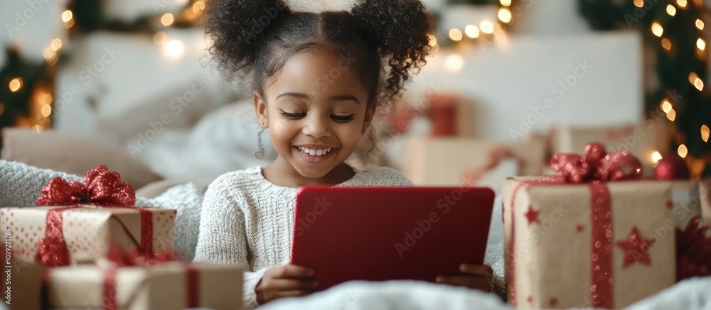 A young girl sits surrounded by Christmas presents, smiling as she looks at a red tablet. A young girl sits surrounded by Christmas presents, smiling as she looks at a red tablet.