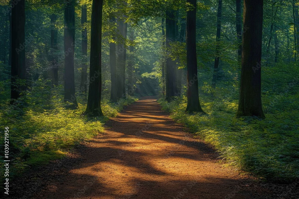 Obraz premium Sun shining through trees on path in lush green forest