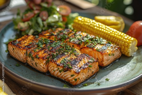 Grilled salmon fillet with corn and salad on ceramic plate