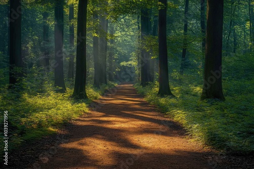 Sun shining through trees on path in lush green forest