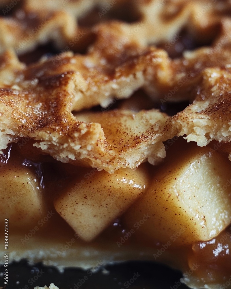 Apple pie filling oozing between layers of flaky golden pastry, closeup texture Apple pie filling oozing between layers of flaky golden pastry, closeup texture