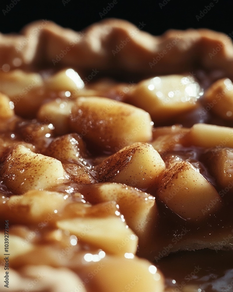 Rich apple pie filling spilling from a flaky golden crust, close-up texture Rich apple pie filling spilling from a flaky golden crust, close-up texture