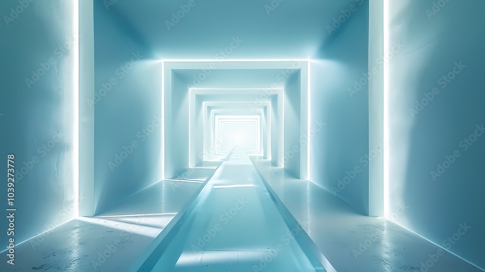 Obraz premium digital technology blue and white glowing corridor tunnel poster background