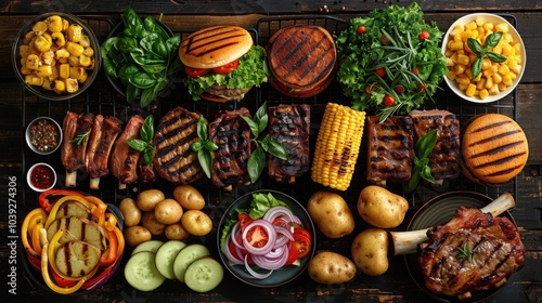 Barbecue feast featuring grilled ribs, burgers, vegetables, corn, and potatoes arranged on a dark wooden table