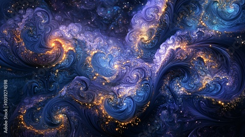 Abstract swirling, flowing artwork in deep blue and purple tones, with sparkling gold highlights.