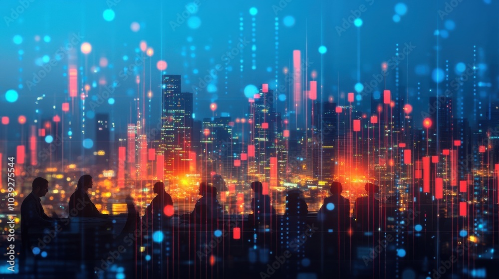 Silhouettes of People Looking at a Cityscape with Technology Overlay