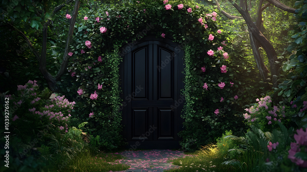A black door with a green archway and pink flowers in front of it. The door is surrounded by a lush green garden A black door with a green archway and pink flowers in front of it. The door is surrounded by a lush green garden