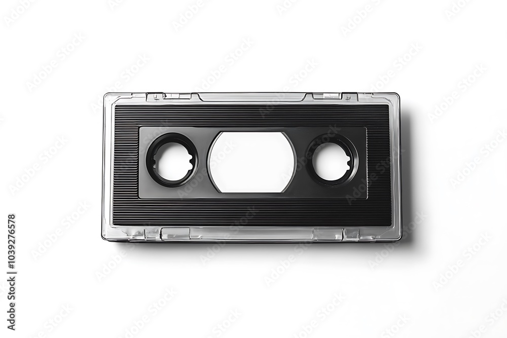 Obraz premium Video cassette tape mockup with white stickers, isolated, front view. Clear vhs cassete case design mockup