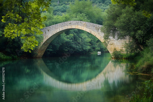 Graceful stone bridge arching over a calm river with a perfect reflection mirrored on the water