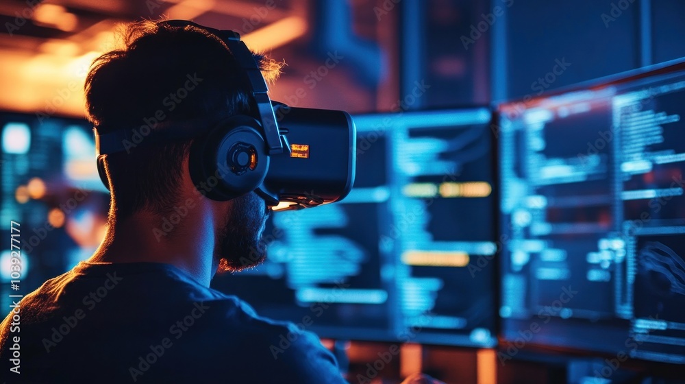 A person using a virtual reality headset in front of multiple computer screens displaying code. A person using a virtual reality headset in front of multiple computer screens displaying code.