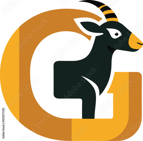 Golden Goat Logo:  A stylized black goat silhouette integrated into a bold, golden letter G, perfect for branding and design projects. photo