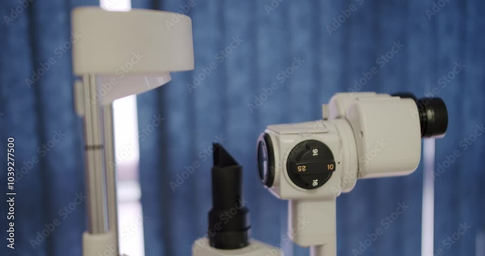 A close-up image of white, advanced medical equipment, possibly an ophthalmic or dental instrument, against a soft blue curtain background in a clinical environment.