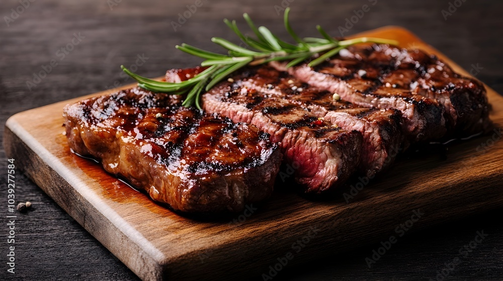 Mouthwatering Barbecue Steak on Wooden Board with Moody Atmosphere Mouthwatering Barbecue Steak on Wooden Board with Moody Atmosphere