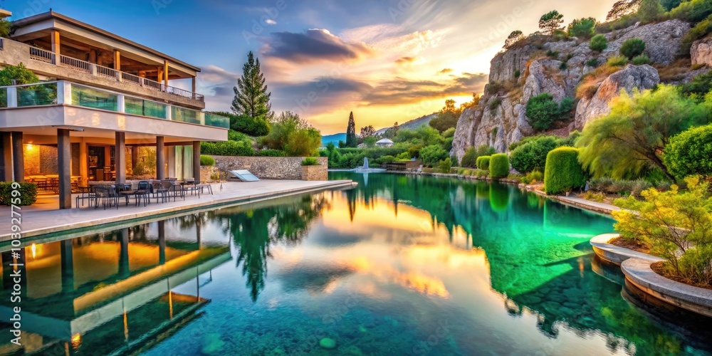 Obraz premium Spa Relaxation Center at Vouliagmeni Mineral Lake, Greece - Urban Exploration Photography of Serene Landscapes, Wellness Retreats, and Natural Beauty