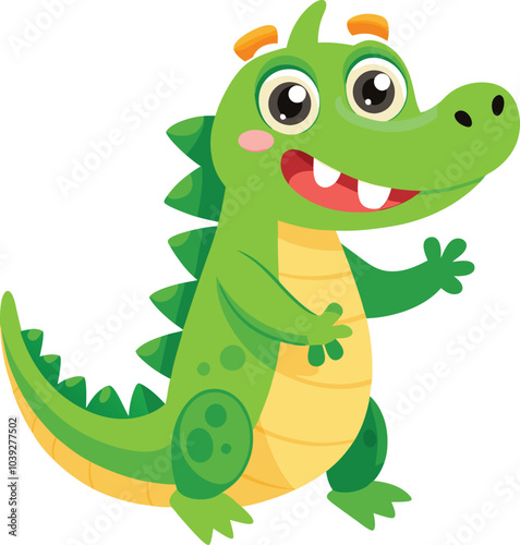 Friendly Green Crocodile:  A cheerful and cartoonish green crocodile with a toothy grin, big eyes, and a welcoming wave.  This illustration evokes a sense of playfulness and charm. 