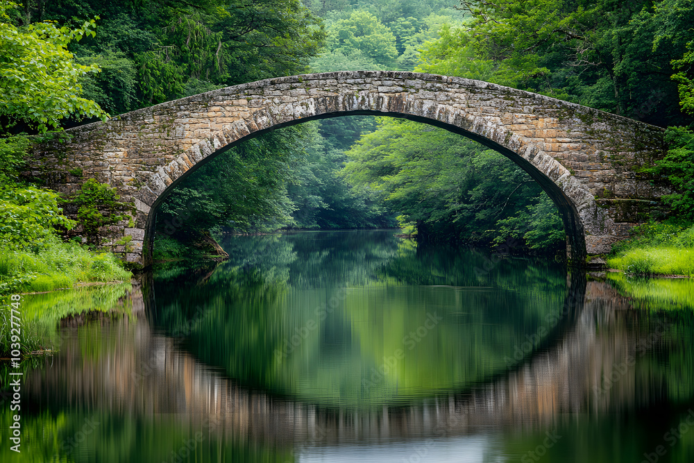 Stone bridge reflecting on the calm river surface, showcasing symmetry and beauty in a serene landscape Stone bridge reflecting on the calm river surface, showcasing symmetry and beauty in a serene landscape