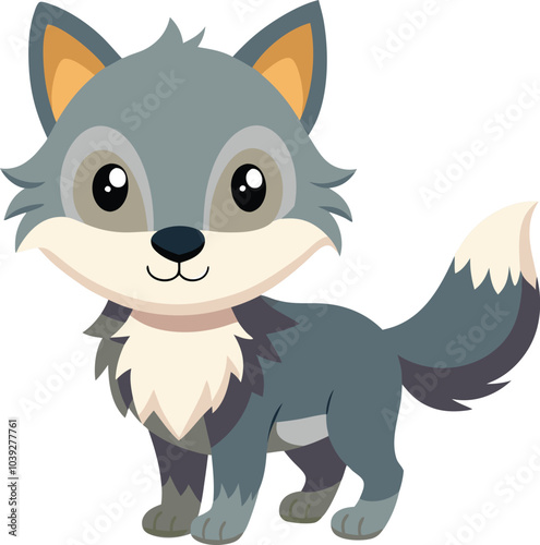 Cute Cartoon Wolf Illustration:  Charming and friendly cartoon wolf with big eyes and a fluffy tail. This adorable character is perfect for children's books, educational materials.