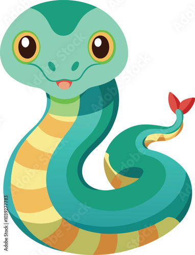 Smiling Green Snake Cartoon Illustration:  A charming and playful cartoon snake with big eyes, a toothy grin, and a bright green body.  This adorable illustration is perfect for children's books.