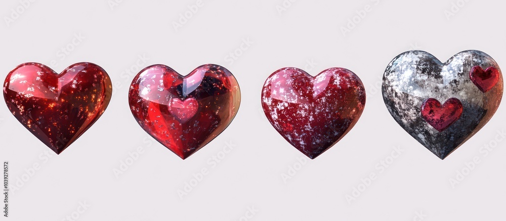 Four 3D red hearts with different textures, including glitter, snowflakes, and crackle effect, isolated on a white background. Four 3D red hearts with different textures, including glitter, snowflakes, and crackle effect, isolated on a white background.
