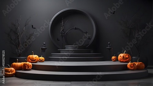 Halloween themed minimal empty blank podium for digital advertisement banner ads, scary  ghost poster with glowing pumpkins, holiday event halloween banner background concept photo