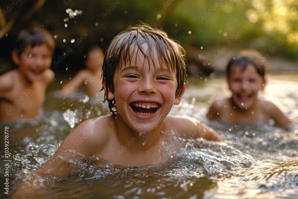 Obraz premium Joyful children playing in a shallow river, splashing water with laughter and smiles on a sunny day