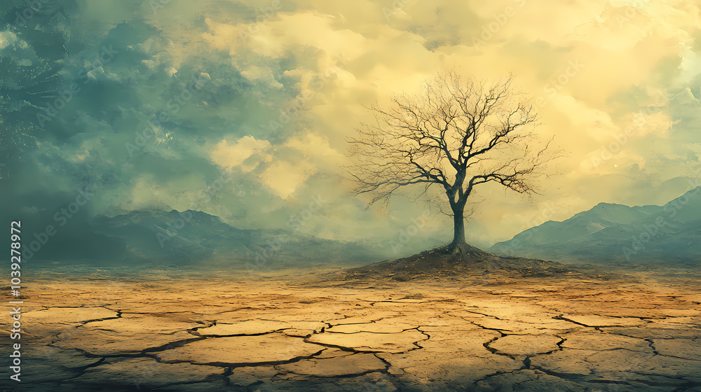 A lone, barren tree stands in a desolate landscape with cracked earth and a hazy, overcast sky. A lone, barren tree stands in a desolate landscape with cracked earth and a hazy, overcast sky.