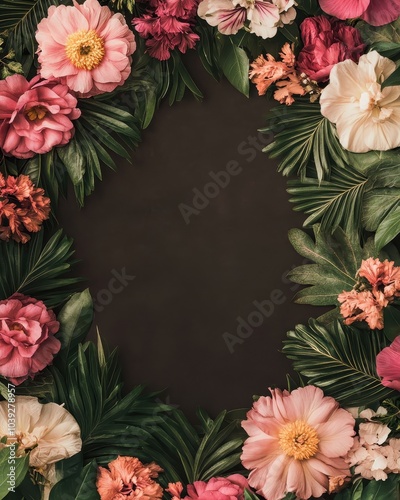 Wallpaper Mural Floral Frame with Pink and White Flowers and Lush Green Leaves on a Dark Background Torontodigital.ca