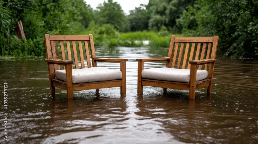 Two Wooden Chairs Submerged in Floodwaters, Symbolic of Resilience and Uncertainty Two Wooden Chairs Submerged in Floodwaters, Symbolic of Resilience and Uncertainty