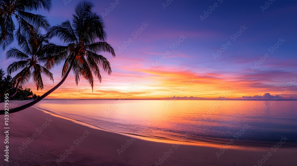 Fototapeta premium Tropical coastal sunset, glowing sky with shades of purple and orange, palm trees casting long silhouettes on the beach, peaceful vacation mood