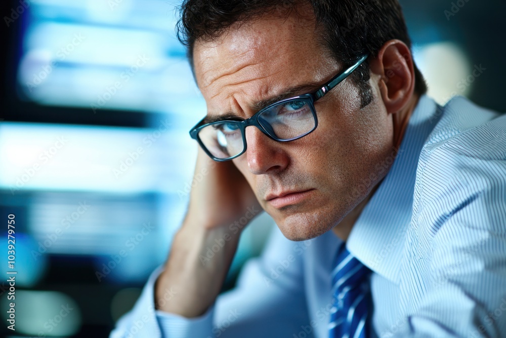 Focused Professional Analyzing Data with Serious Expression in Modern Office Environment Focused Professional Analyzing Data with Serious Expression in Modern Office Environment