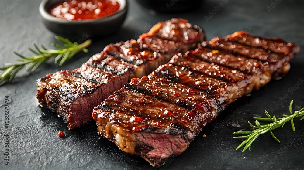 Grilled Marinated Steak on Rustic Backdrop with Copyspace for Text Grilled Marinated Steak on Rustic Backdrop with Copyspace for Text