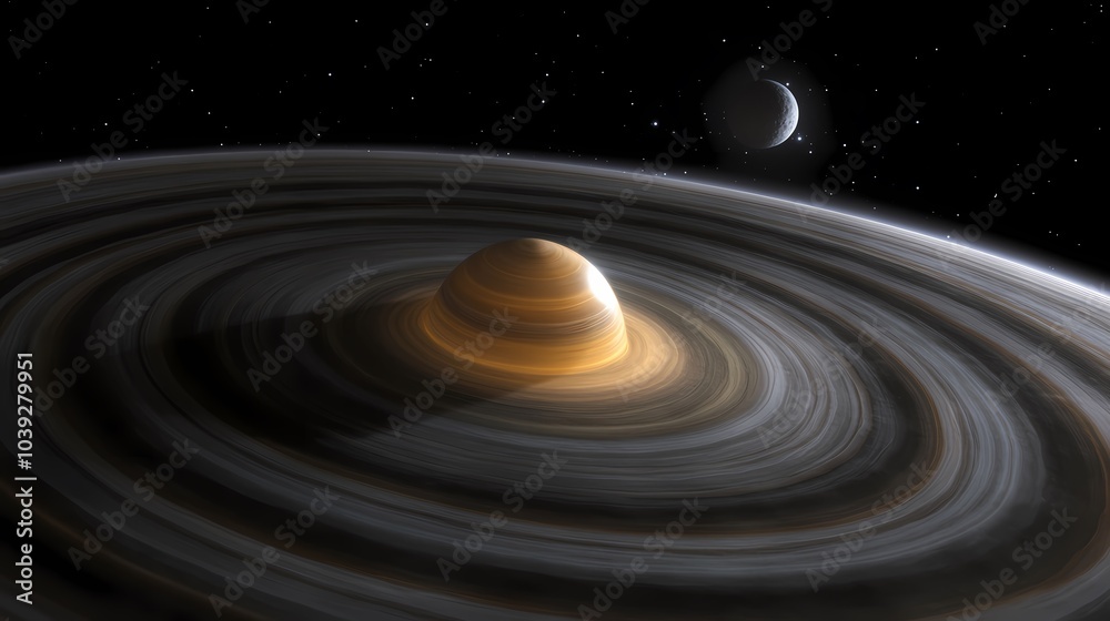 A stunning view of a gas giant with rings and a distant moon in a starry sky. A stunning view of a gas giant with rings and a distant moon in a starry sky.