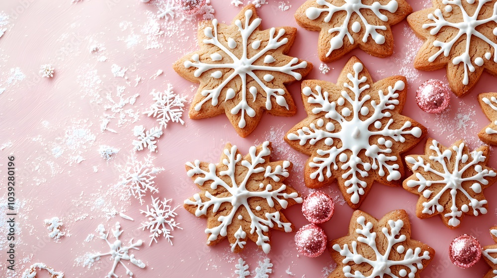 Gingerbread cookies decorated with intricate snowflake designs on a pastel pink gradient background, high contrast, soft light, cinematic photography style Gingerbread cookies decorated with intricate snowflake designs on a pastel pink gradient background, high contrast, soft light, cinematic photography style