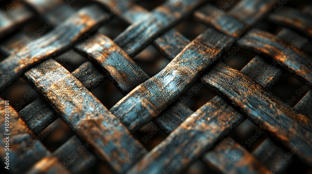 Closeup of a weathered, interwoven, dark blue and brown wooden lattice. Closeup of a weathered, interwoven, dark blue and brown wooden lattice.
