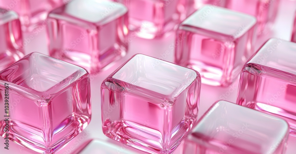 Glass transparent cubes on light background, red and pink color palettes, business background, cosmetic perfume background Glass transparent cubes on light background, red and pink color palettes, business background, cosmetic perfume background
