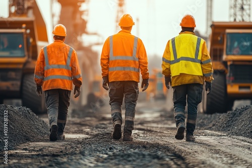 Three construction workers wearing safety gear walking at construction site